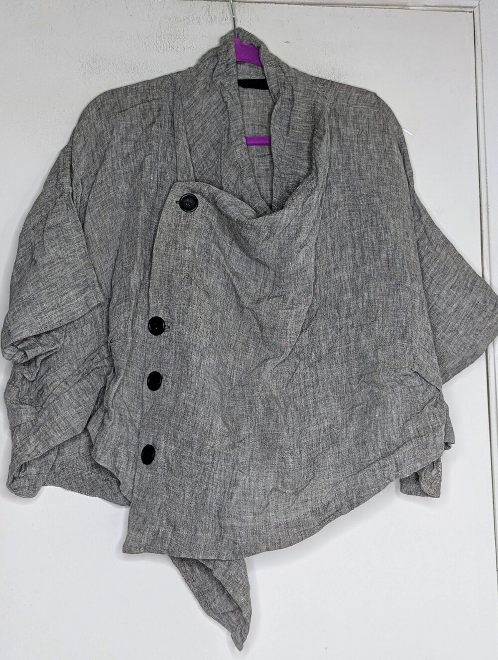 MOYURU Gray Asymmetrical Linen Jacket Modern Draped Cowl Neck with Button Detail
